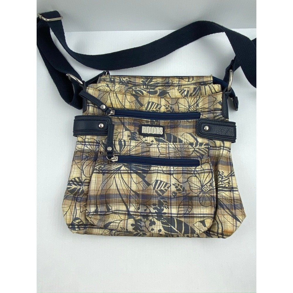 Roots Crossbody Bag Plaid Floral Navy Tan Multi Pocket Purse Soft Side 9x10"